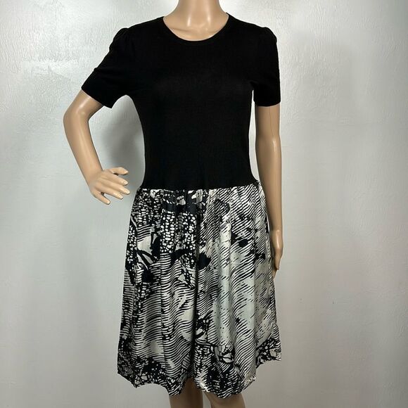 Theory Silk Black And White Short Sleeve A-line Dress Size M - Picture 1 of 7